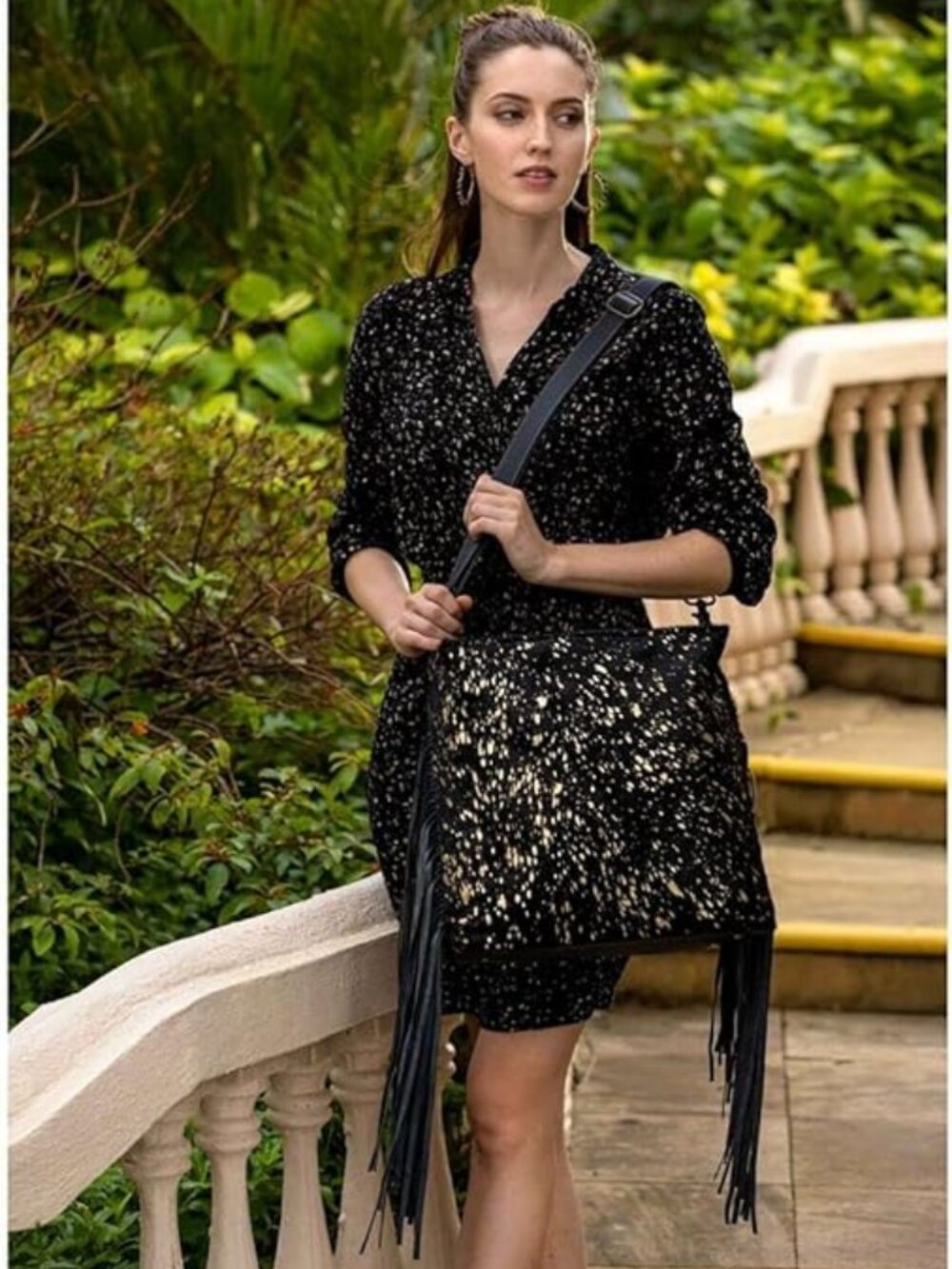 Myra Bag Large Black Shimmer Cowhide Leather Bag Upcycled Purse Zip Fringes